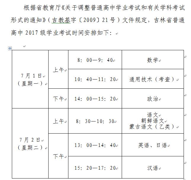 2019年7月吉林省普通高中学业考试时间安排