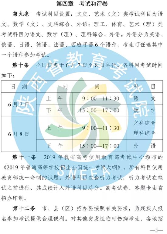 2019年陕西省普通高等学校招生实施办法